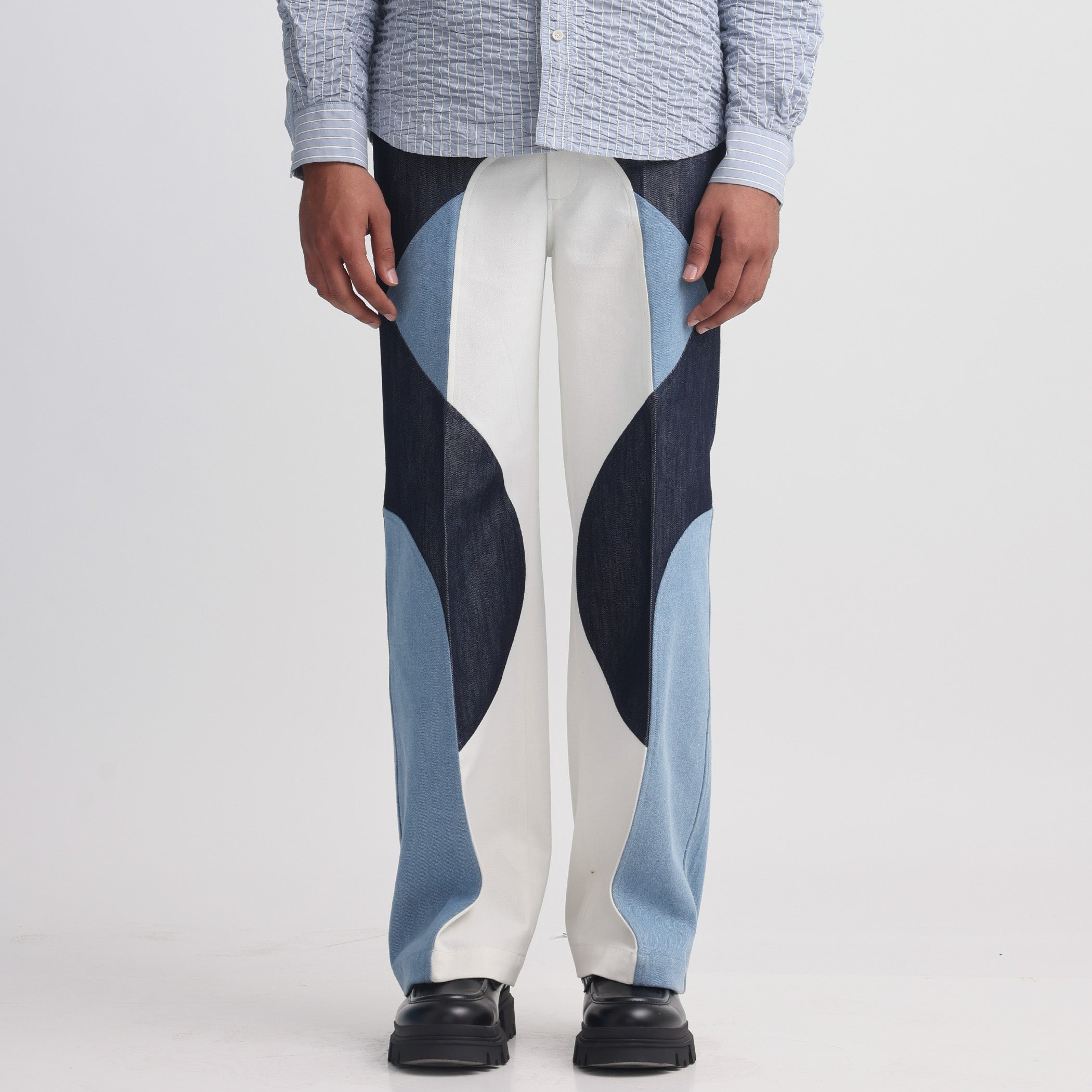 Border Panelled Trousers-Blue