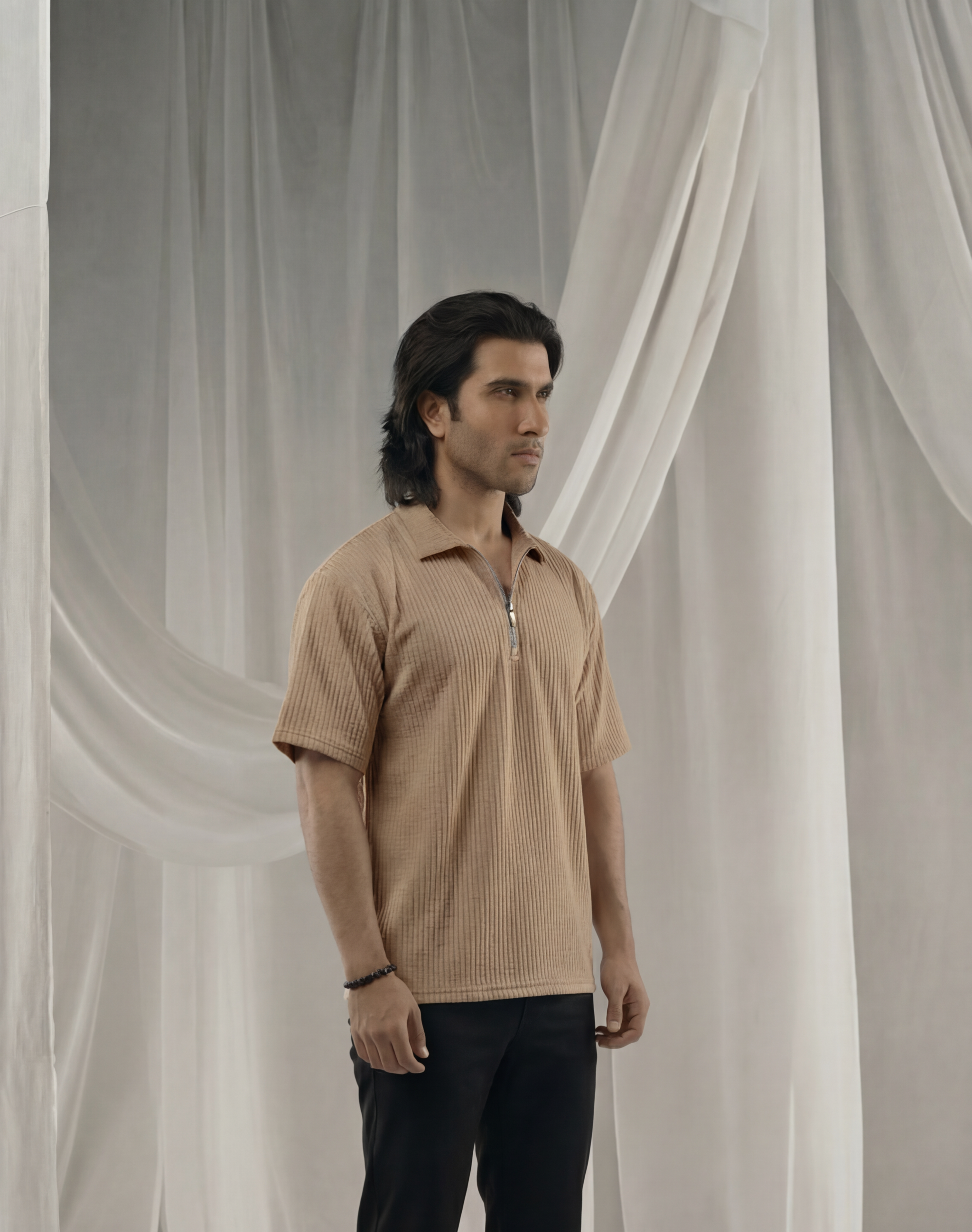 Brown Full Sleeves Quarter Zip