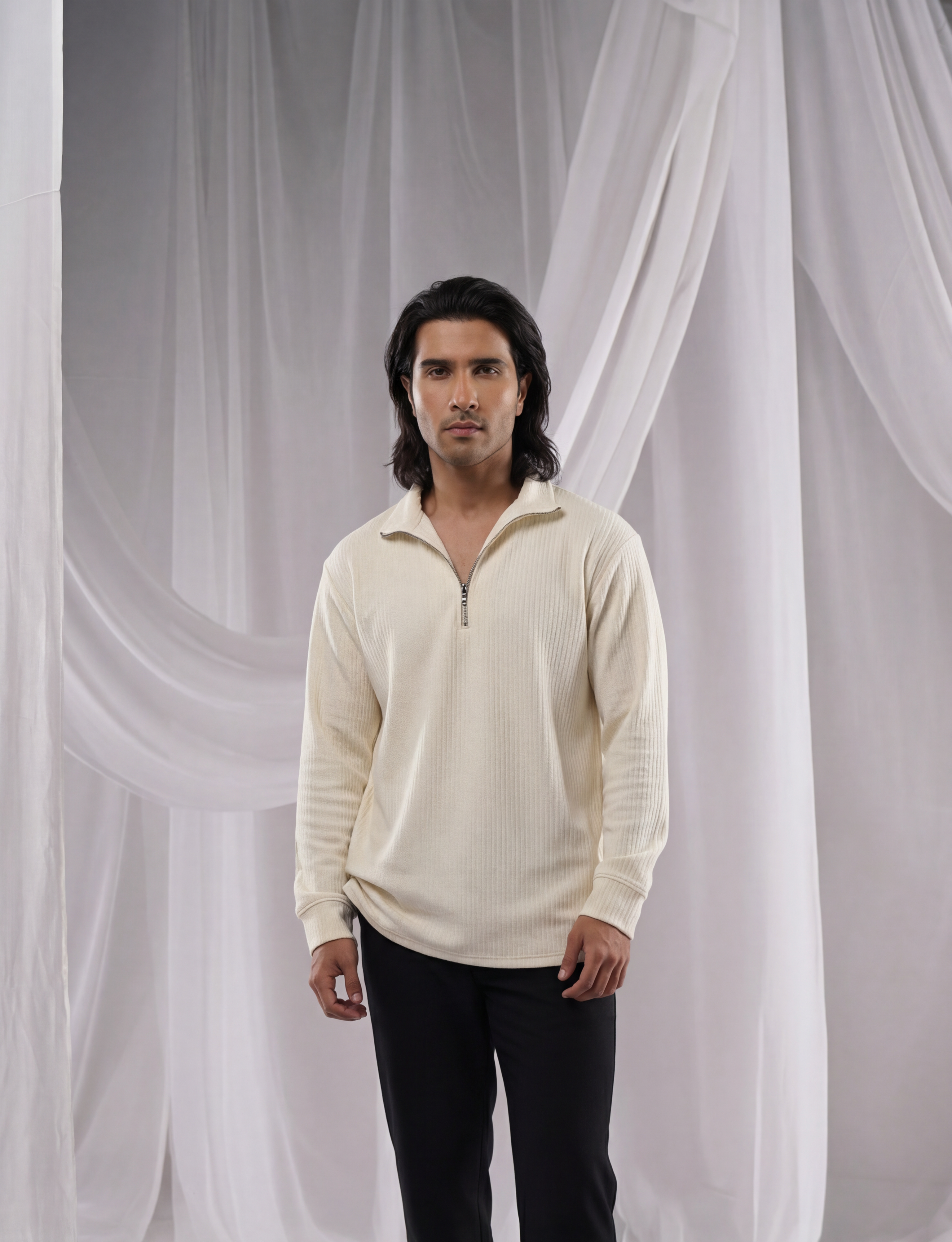 Cream Full Sleeves Quarter Zip
