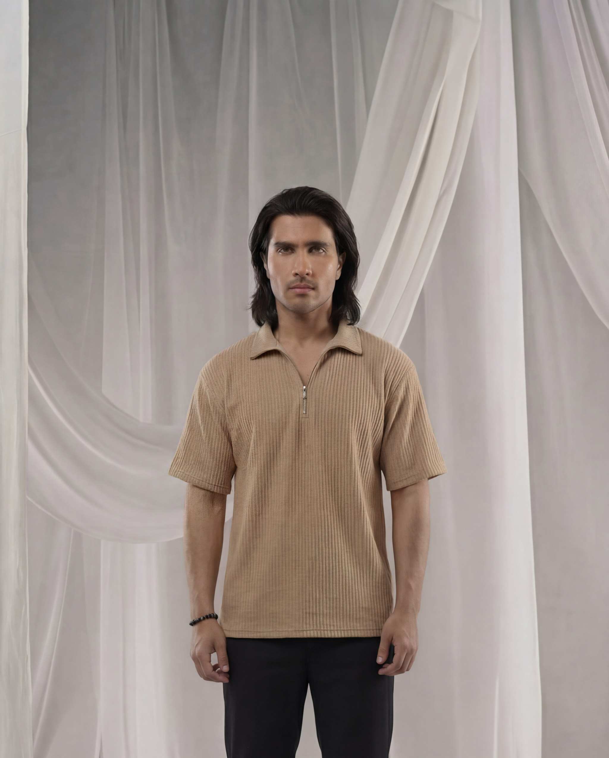 Brown Half Sleeves Quarter Zip