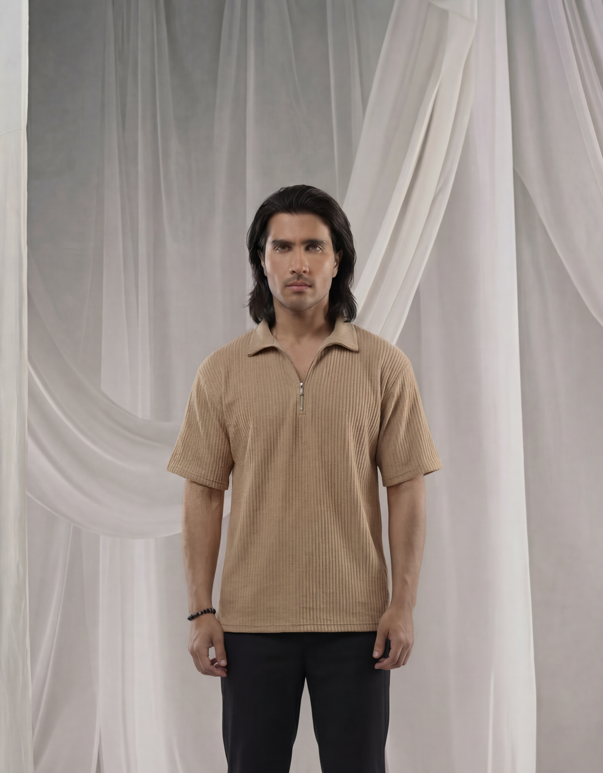 Brown Full Sleeves Quarter Zip