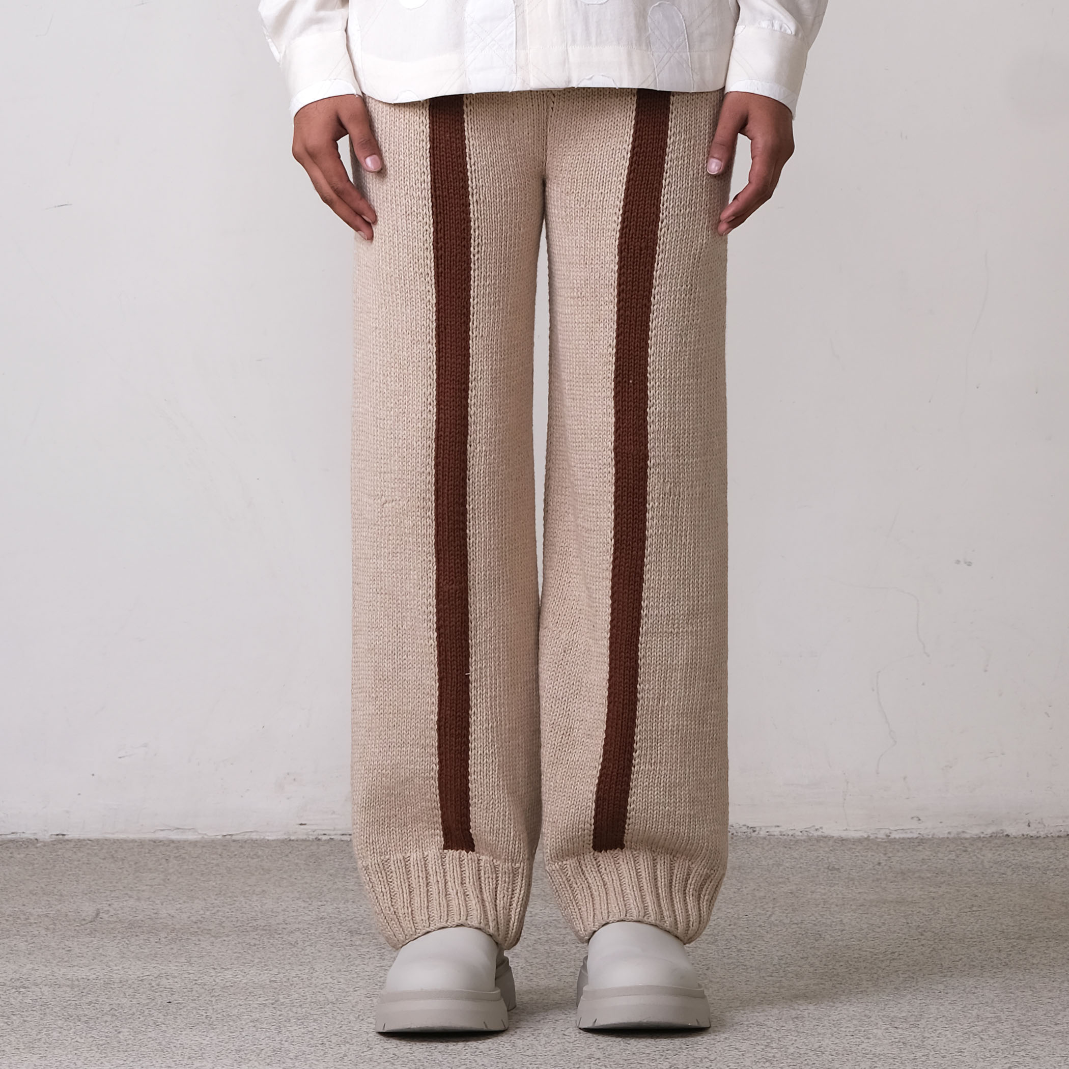 Fibula Striped Hand-knitted Trousers- Beige
