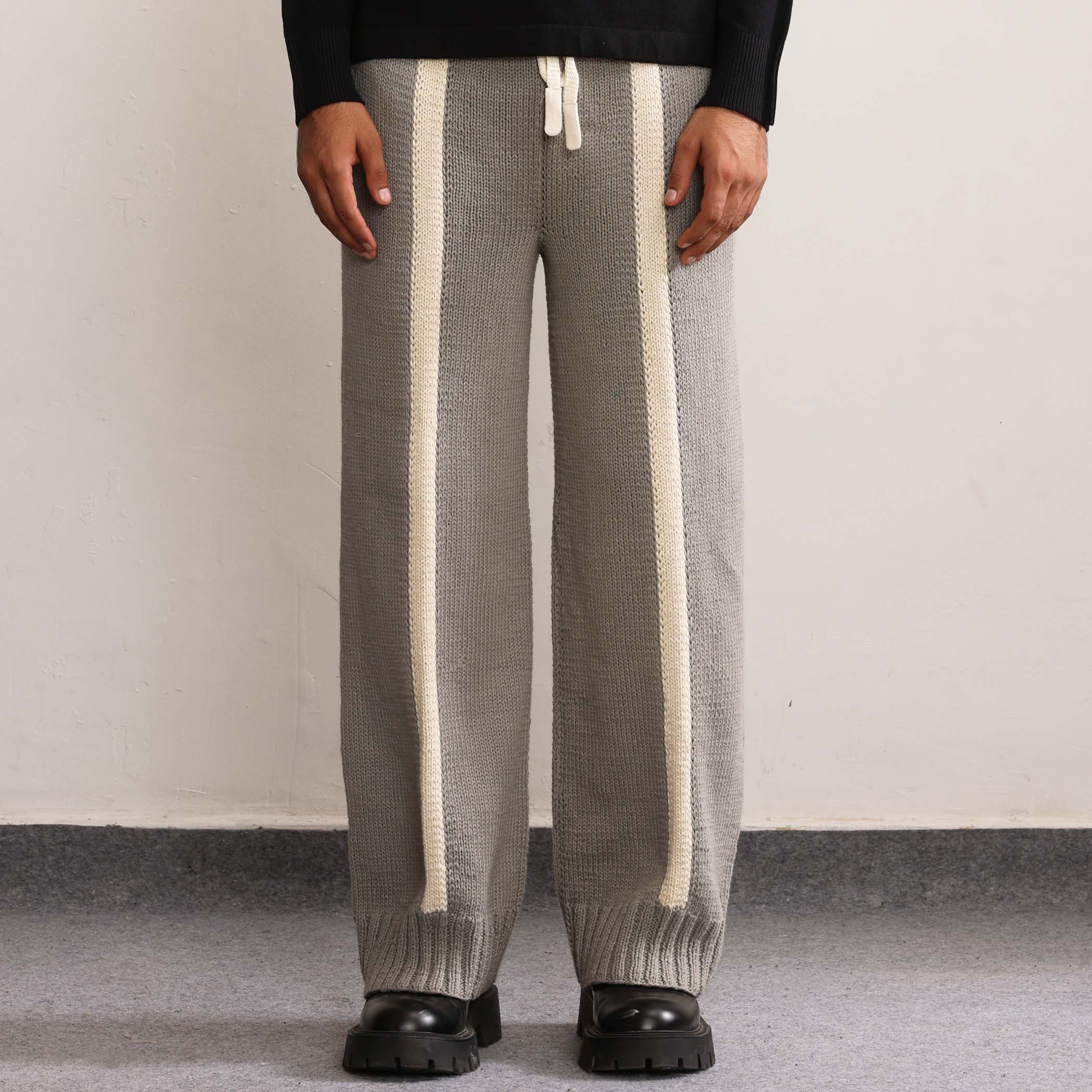 Fibula Striped Hand-knitted Trousers- Grey