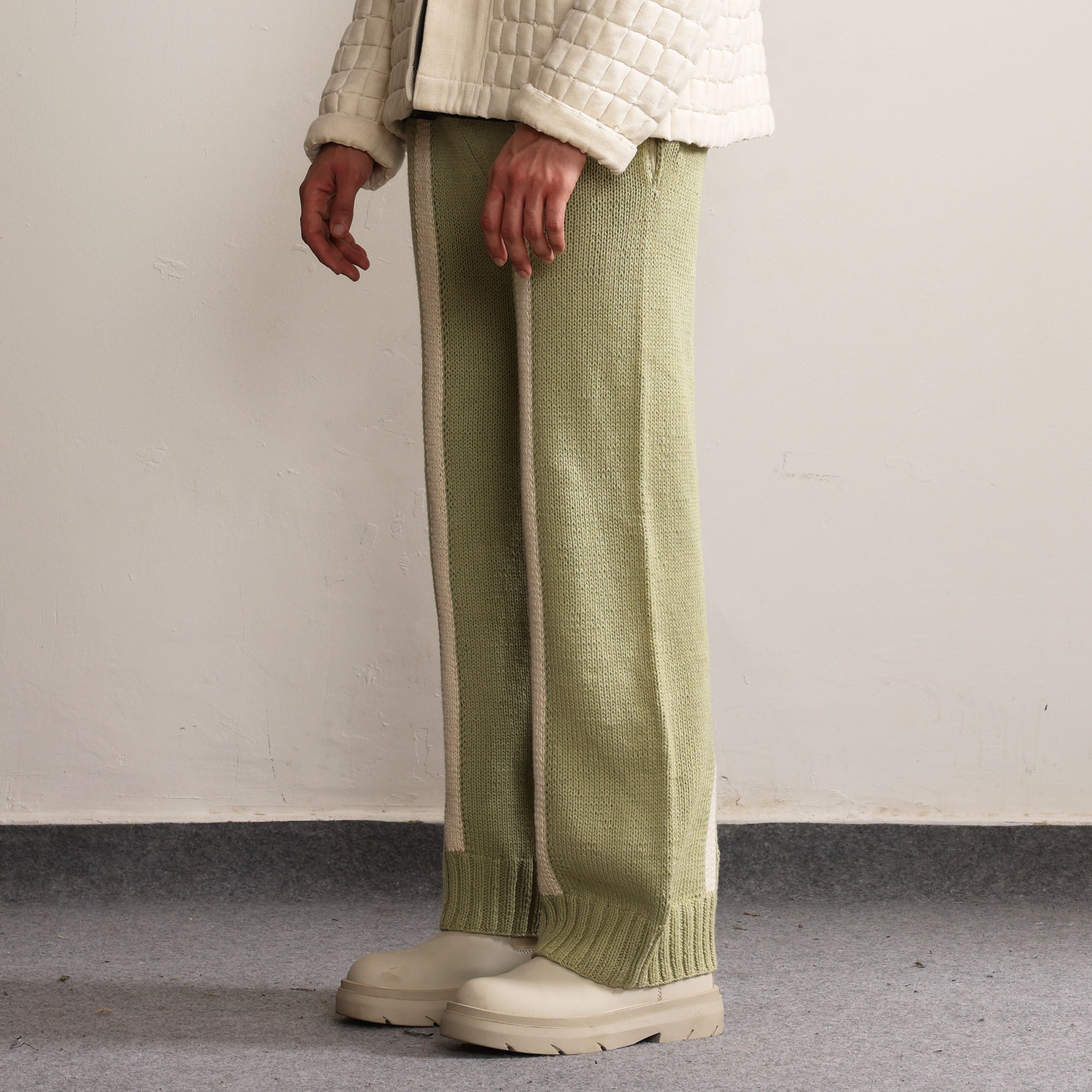 Fibula Striped Hand-knitted Trousers- Pista Green
